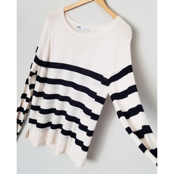 Zara Ivory Black Striped Basic Knit Pullover Sweater Crewneck Lightweight XL - Picture 8 of 15